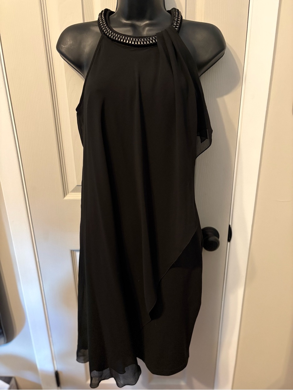 LE CHATEAU Black Beaded Halter Neck Asymmetric Overlay Cocktail Dress - Size S